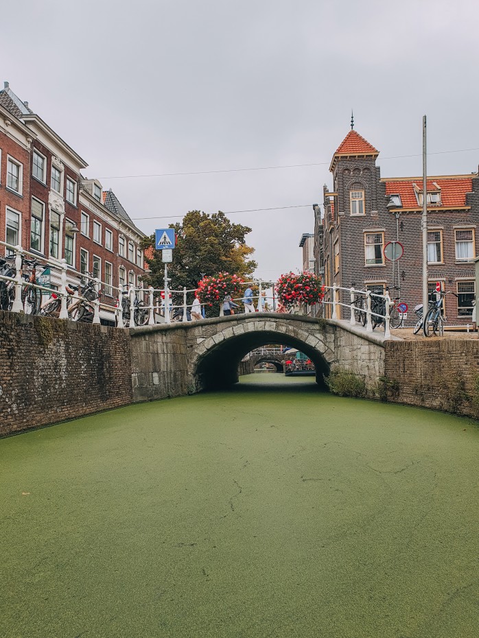 Maisema kanaaliristeilyllä Delftin pikkukaupungissa